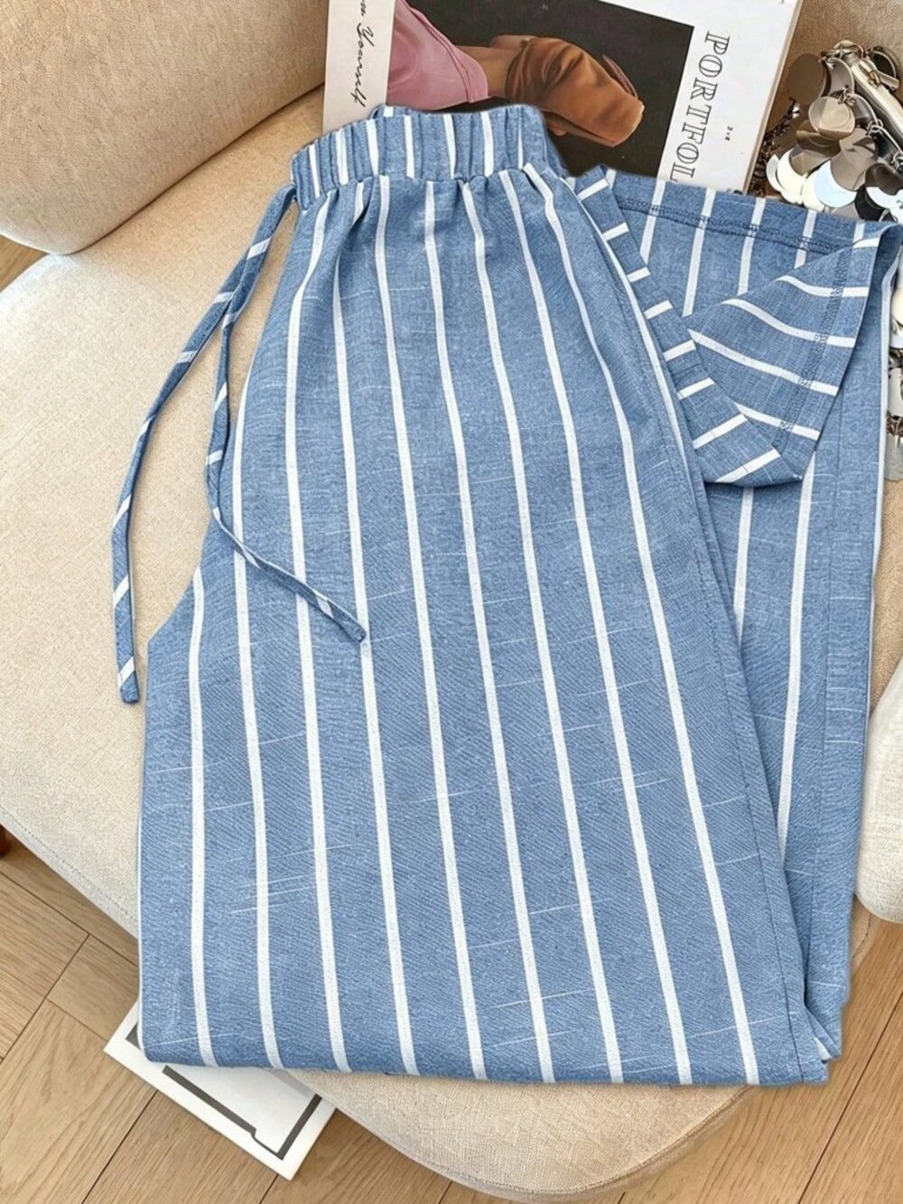 Blue And White Casual Women's Cotton Elastic Waistband Trousers